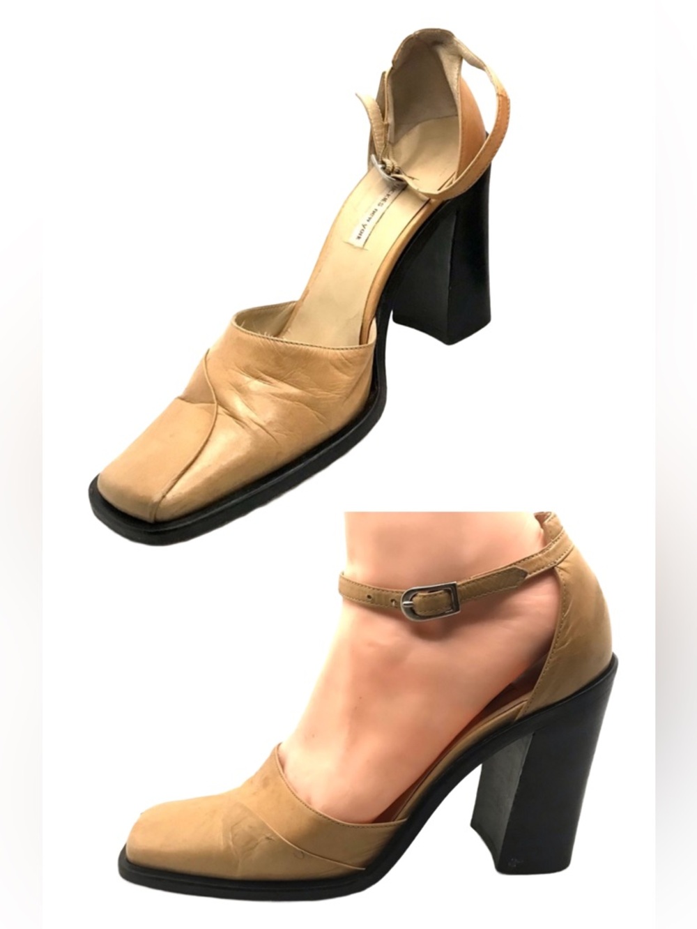 VINTAGE 1990'S CHUCKIES NEW YORK STRATEGIA TAN MARY JANE LEATHER HEELS (36)